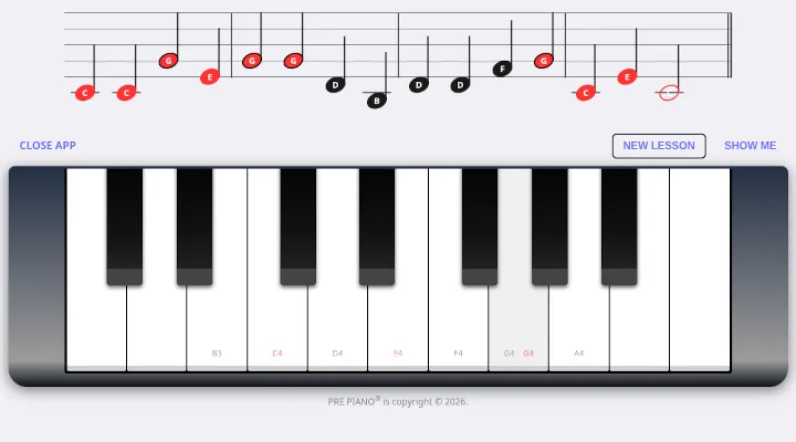 The prePiano Three app with music notation on a staff