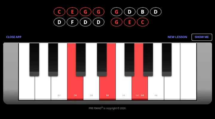 The prePiano Two app with its color-coded keyboard
